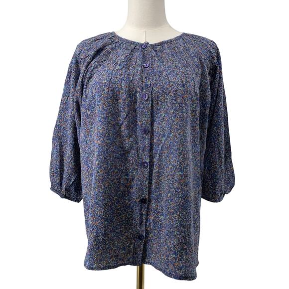 Tucker Speckled Pattern Button Up Top The Classic Blouse Blue Silk Med $295 - Picture 1 of 9
